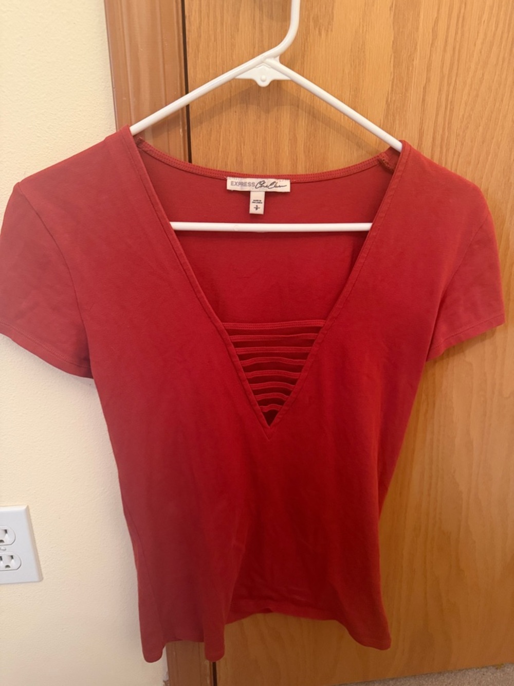 Express Red Short-Sleeve V-Neck Top with Strappy Inset